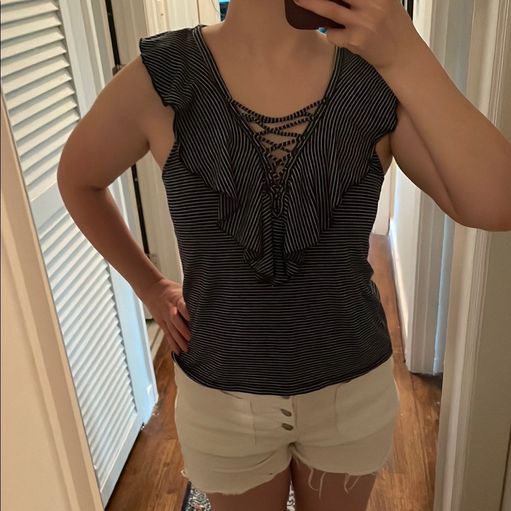 Express Navy Blue Striped Ruffled Tie Front Tank Top